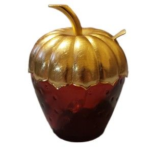 Vintage Avon Red Glass Strawberry Jar w/ Metal Gold Colored Top & Spoon Sugar...